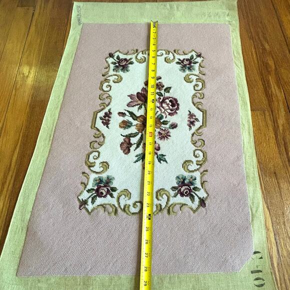 Vintage Pink Floral Needlepoint with Roses and Scroll Design Unframed - Picture 12 of 15